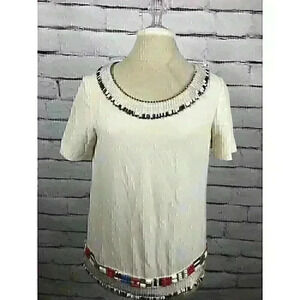 Tory Burch Womens Size 4 100% Silk, Beaded, Ivory, Multicolored Beaded Top